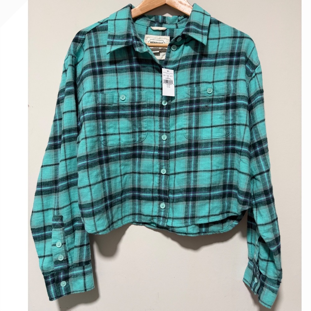 American Eagle Womens Plaid Flannel Cropped Shirt Teal Black Cotton M 035-1354